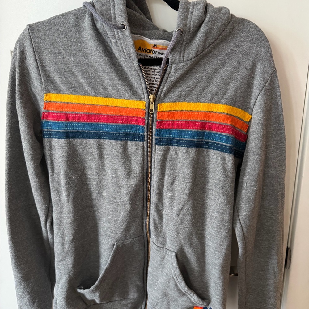 Aviator Nation Gray Hoodie with Multicolor Stripes
